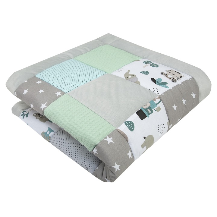 Килимче за игра, Бебешко одеяло, Medi Partners, Модел Ментова зоологическа градина, 100% Памук, 120x120 см, Мента/Сиво