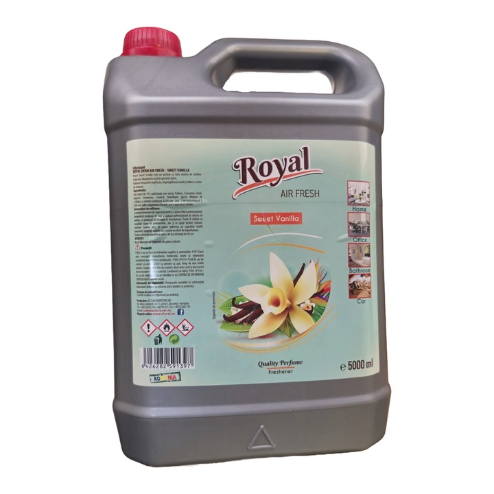 Koncentrált szoba légfrissítő, textil, autó, iroda, fürdőszoba, vanília illat, édes vanília, XXL gazdaságos csomag, 5L, Royal