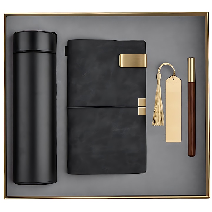 Set cadou pentru barbati, 5 Produse premium, Cadonique®, Termos din inox, Agenta cu coperta din piele ecologica A6, Pix elegant, Semn de carte metalic, Clips metalic, Ambalate in cutie pachet exceptionala, Ideal pentru el, domni, tata, sot, fiu, frate