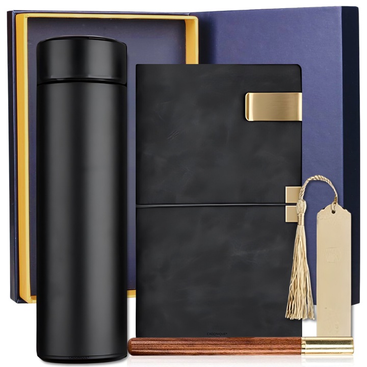 Подаръчен комплект за мъже, Cadonique®, Термос от неръждаема стомана, Бележник с корици от екологична кожа А6, Елегантна химикалка, Метален книгоразделител, Метална щипка, Кутия за подарък, 5 продукта