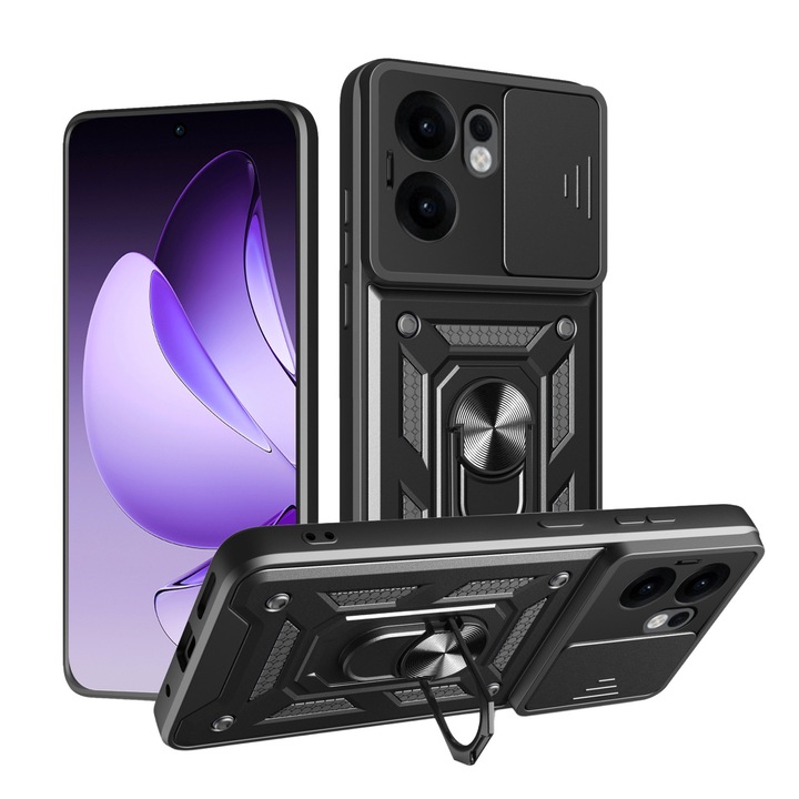 Калъф за телефон, съвместим с OPPO Reno13 F/Reno13 FS, Slide and Snap Soft Premium Camera Protection, Magnetic Ring Holder, PopGrip, Anti-Shock, Здрава защита, Черен