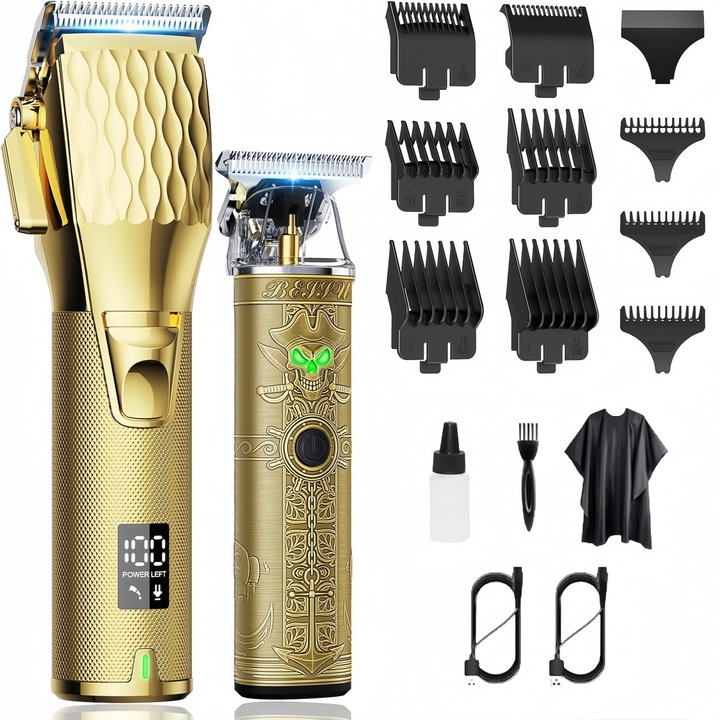 Aparat de Tuns Multifunctional pentru Barba si Par, Set Profesional Barbati, Aparat Tuns Corp, Nas, cu Foarfece si Afisaj LED, MOSMAOO®, Auriu Mat