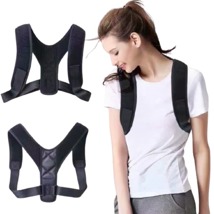 Corector Postura Spate si Umeri, CRM, Ham Reglabil, Suport pentru Clavicula si Coloana Vertebrala, Negru, M, 40-80kg