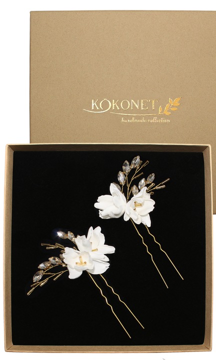 Accesoriu de par ace agrafe cu flori aurii zirconiu lucrate manual