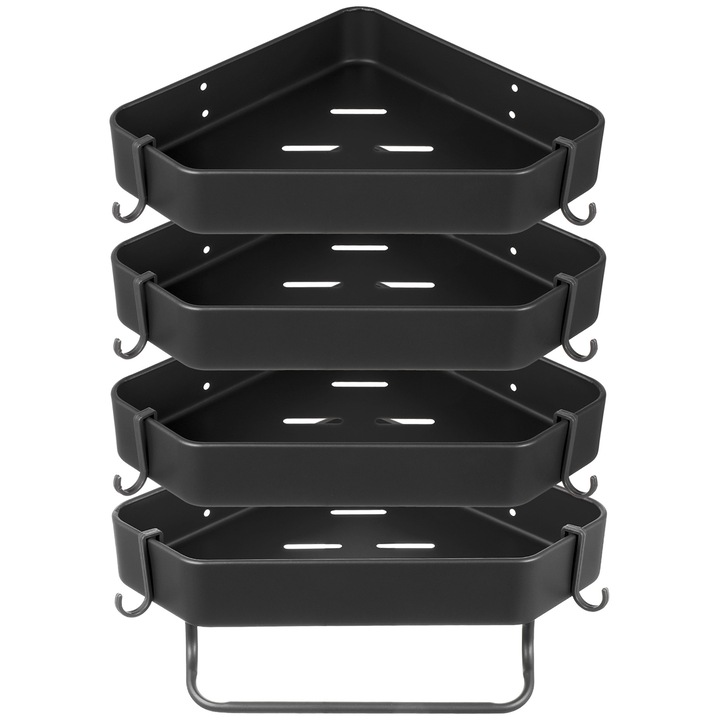 Set 4 etajere de colt, Quasar & Co.®, universale, suspendate, cu 2 bare prosop, 4 carlige, 23x23x5 cm, metal, Negru