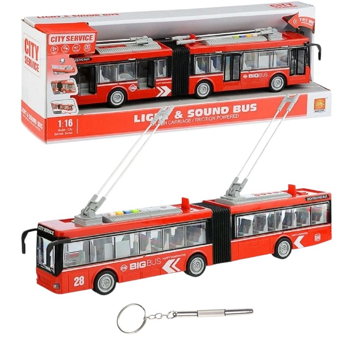 Trolebuz electric, lumini, deplasare, pantograf, pentru copii fete si baieti, butoane multifunctionale + surublenita schimbat baterii, fete baieti 2 pana la 7 ani
