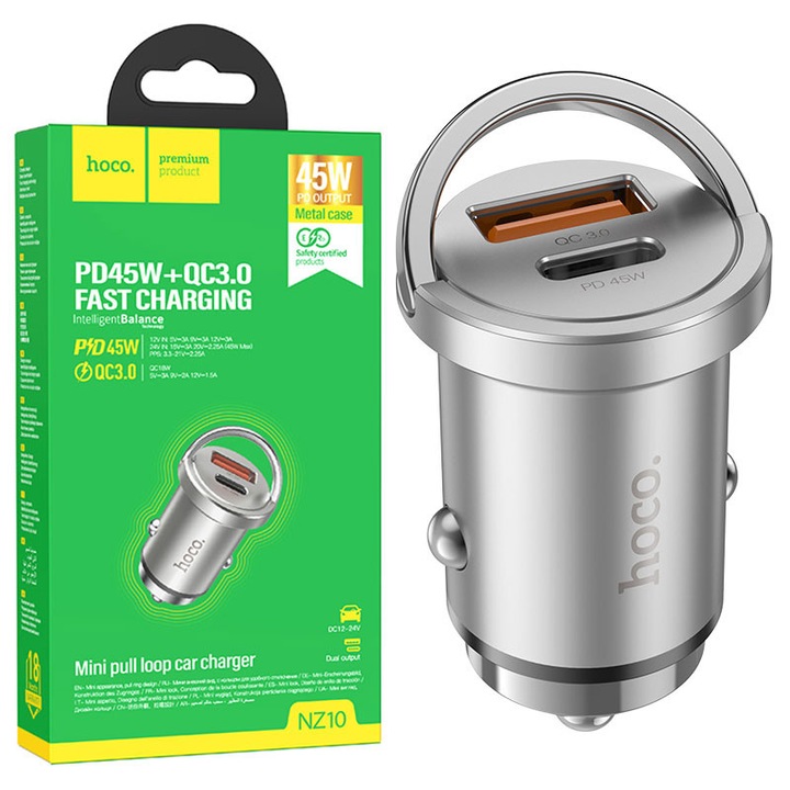 Hoco autós töltő (NZ10), USB-C, 45W, 1xUSB-C, 1xUSB-A, PD, QC 3.0, ezüst