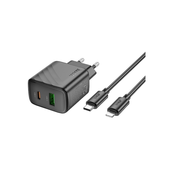 Hoco hálózati töltő + Lightning kábel (CS23A), 1m, PD30W, 5V, 3A, 1xUSB-C, 1xUSB-A, FCP/AFC, fekete