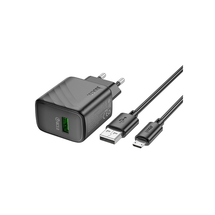 Hoco hálózati töltő + MicroUSB kábel (CS21A), 1 m, 18 W, 1xUSB-A, QC 3.0, QC/FCP/AFC, fekete