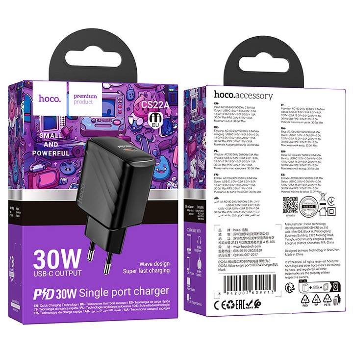 Hoco hálózati töltő (CS22A), PD30W, 1xUSB-C, FCP/AFC, fekete
