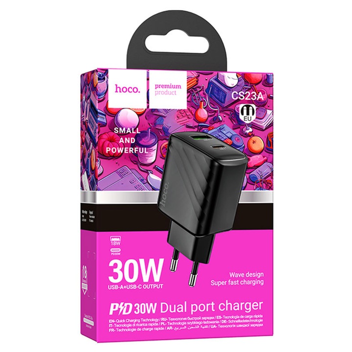 Hoco hálózati töltő (CS23A), PD30W, 5V, 3A, 1xUSB-C, 1xUSB-A, FCP/AFC, fekete