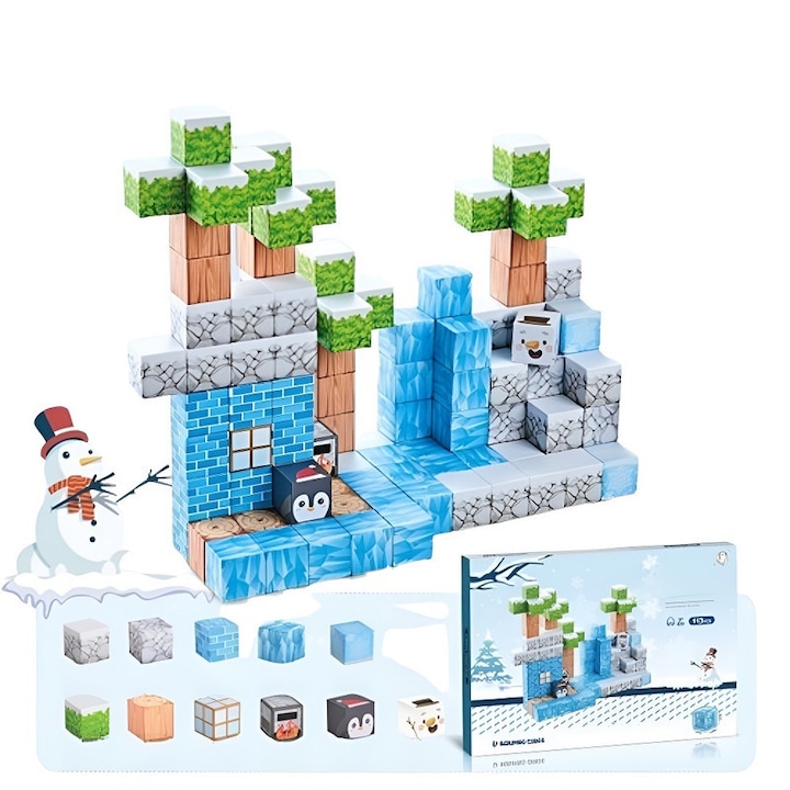 Set cub magnetic colorat, tema gheata si zapada, 113 piese, jucarii magnetice de asamblare DIY cu putere de 20 mm, stimuleaza imaginatia + creativitatea, exerseaza coordonarea mana-ochi + gandirea spatiala, un cadou minunat pentru copii