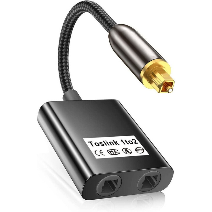 Optikai audio elosztó 1 bemenet 2 kimenet, Toslink adapter, fém ház, aranyozott csatlakozók, fekete