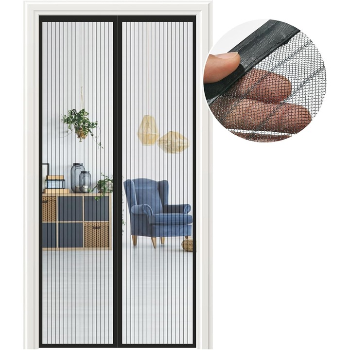 Plasa magnetica anti insecte pentru usa 105x205 cm, inchidere automata fara gaurire, protectie impotriva tantarilor si mustelor, culoare neagra