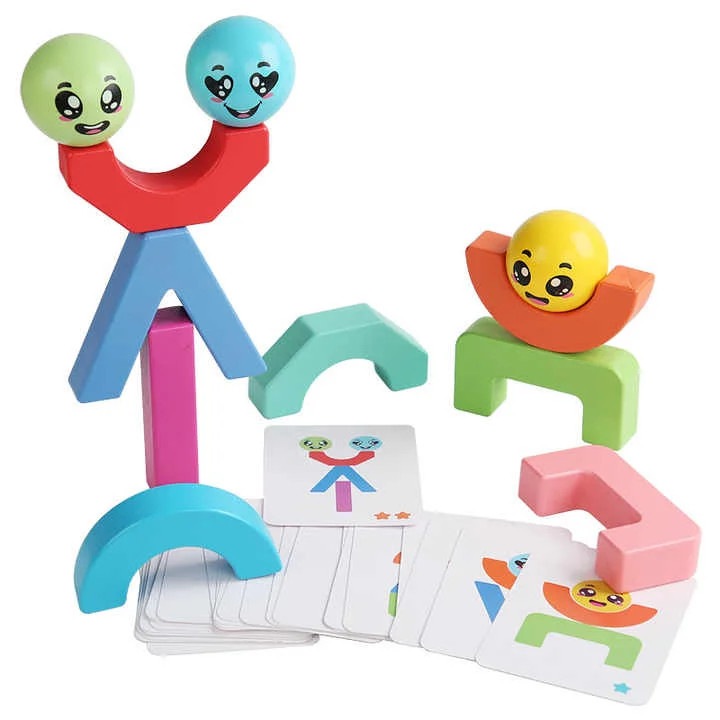 Joc creativ de constructie si echilibru din lemn, Smiley Face, 11 piese, cartonase cu modele, multicolor, 3 ani +