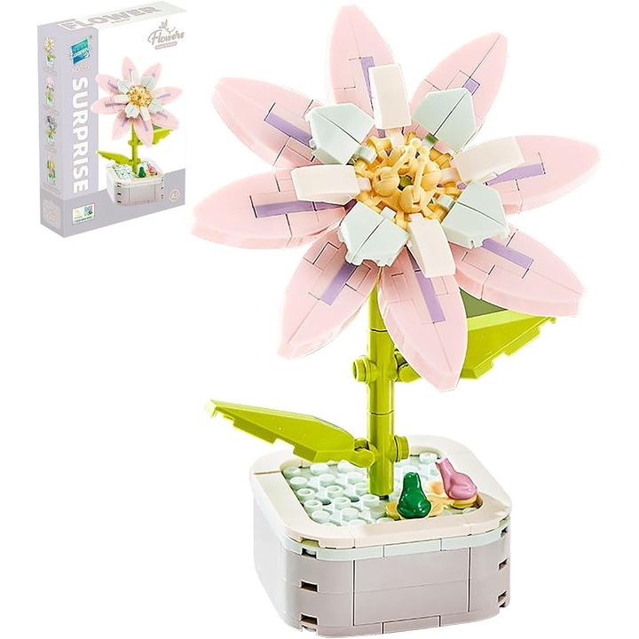 Innovium™ Gardenia virágos építőkészlet, elegáns cserepes modell, rózsaszín és fehér színű, 17 × 6,4 CM, 128 g, építőelem-készlet, dekoratív játék gyerekeknek és felnőtteknek, prémium ABS anyag