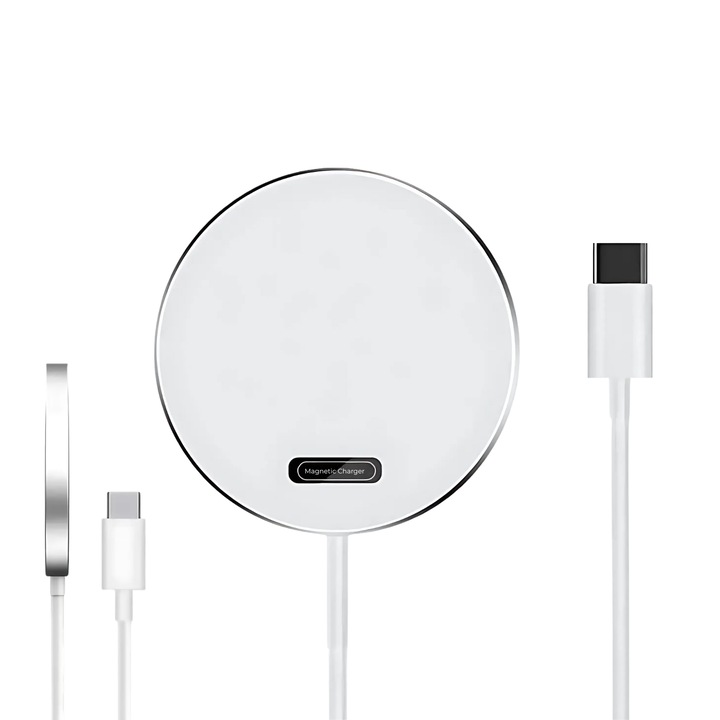 Ronic X Wireless Charger, Magsafe Technology, Fast Charging 15W Fast-Charging, USB-C, Ultra Thin Compact Размери 5.6x5.6x0.5 cm, Съвместим с iPhone 16/15/14/13/12, Pro Max, AirPods Pro, Samsung, Huawei, LG, Xiaomi, бял
