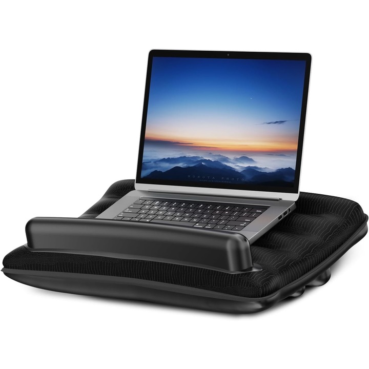 Suport pentru laptop de pana la 17 inch, din PVC, gonflabil, ergonomic, portabil, pliabil, tip perna, cu suport pentru incheieturi, negru