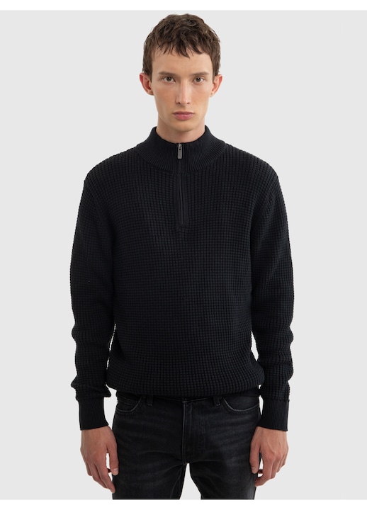 Pulover barbati, Big Star, negru, fermoar scurt, mansete elastice, amestec moale de materiale