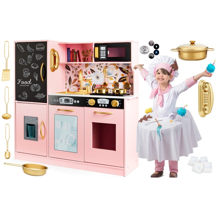 Екологична дървена кухня, остри ръбове "LikeSmart BlackBoard Kitchen", 81 см височина, LED лампа, Дъска за писане, Котлон, Телефон, Диспенсър за лед, Микровълнова фурна, Аксесоари в комплекта, Розов