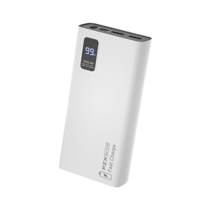 PZX V83 Power Bank, преносим, бързо зарядно устройство, 20000mAh, LED дисплей, защита от презареждане, бял