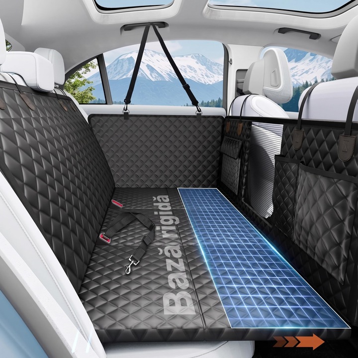 Husa scaune auto, protectie si transport animale extinsa NextWave®️, insertie 3 placi pentru caini, pisici de toate taliile, rezistenta pana la 142 kg, pat animale, ofera protectie bancheta spate autoturism, Universala, Negru