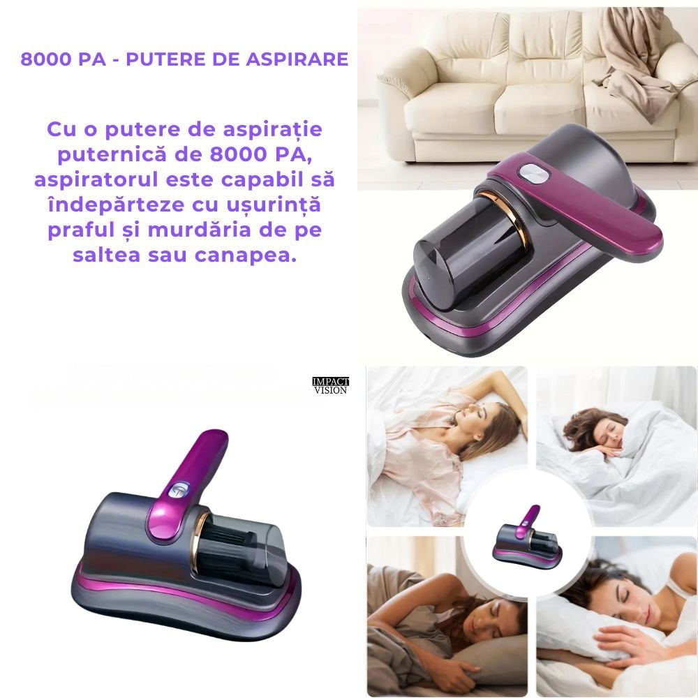 Aspirator antiacarieni, Portabil, Filtru Hepa, 100 W, 8000 PA, Mov, Impact Vision®