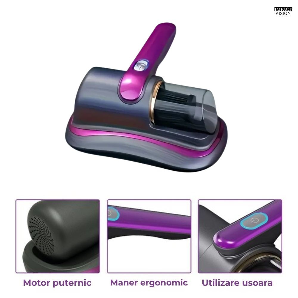 Aspirator antiacarieni, Portabil, Filtru Hepa, 100 W, 8000 PA, Mov, Impact Vision®