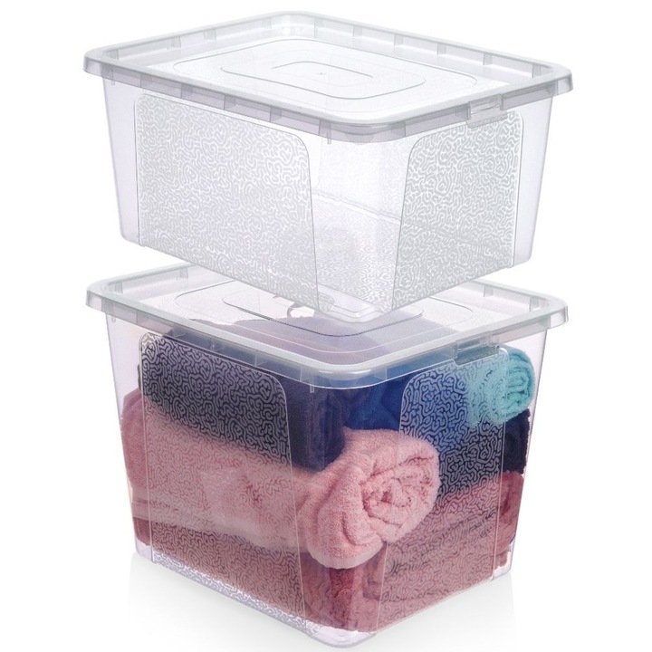 Комплект контейнери за съхранение, Vilde, 2 броя, Бели, 20 л и 30 л, Прозрачна пластмаса, С капаци, Универсална употреба у дома и в офиса