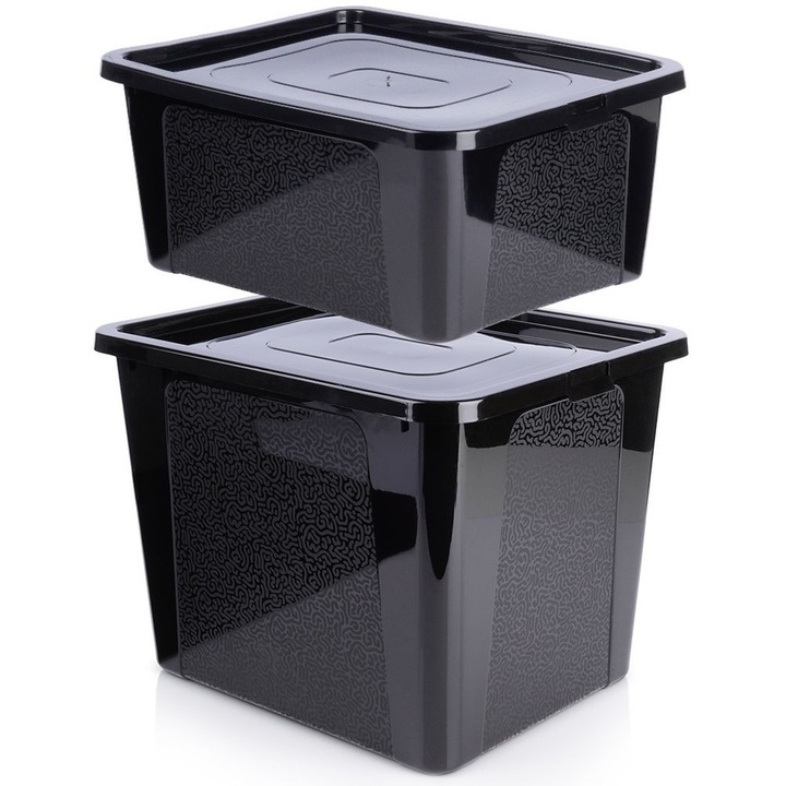 Set De Recipiente Pentru Depozitare, Vilde, 2 Bucati, Negru, Plastic, Capacitati De 20 L Si 30 L, Cu Capace, Universale, Pentru Acasa Si Birou