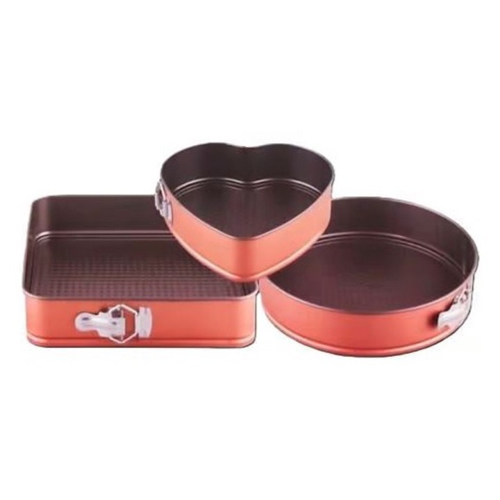 Set 3 tavi pentru tort antiaderente teflonate rotunda inima patrata cu margine detasabila, 24-26-28CM, Maro