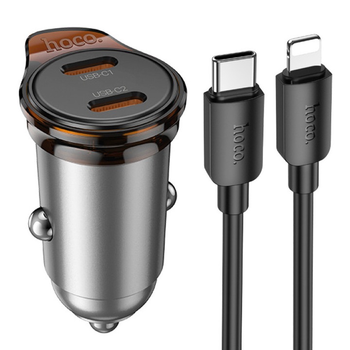 Set Incarcare Auto iPhone, Hoco NZ16B + Cablu Lightning 1M, Incarcare rapida 45W, Gri