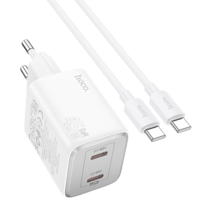 Set Adaptor HOCO N42 si Cablu Type-C, Compatibil iPhone 15/16 si Android, Putere 45W, Tehnologie GaN, Alb