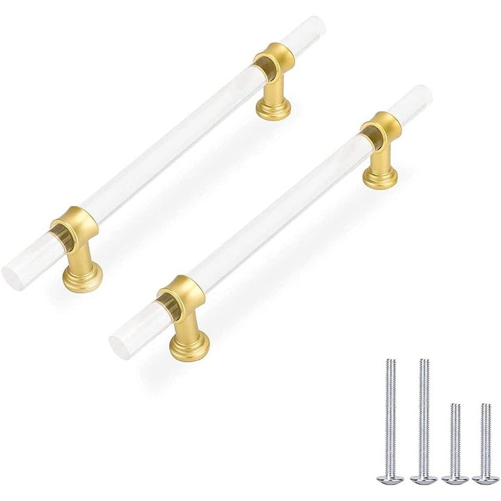 Set de 10 Manere pentru mobila, Design Elegant din Zinc si Acril modern lucios, 128 mm intre gauri/Lungime 192 mm, finisaj auriu elegant, incluse suruburi de montaj