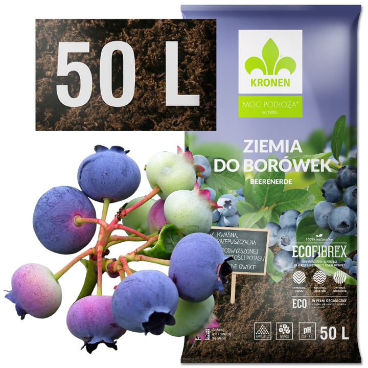 Pamant pentru afine, Kronen, 50l, Substrat acid, Ph 3.5-4.5, Turba inalta, fibre de lemn ecofibrex®Pentru plante iubitoare de acid, Pentru plantare si transplantare