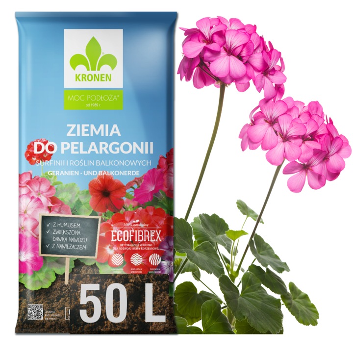 Pamant pentru gerani, Kronen, 50 l, Cu humus si umidificator, Pentru plante de balcon, Ph 5.0-6.0, Cu fibre de lemn ecofibrex®, Nutritie eficienta pentru plante
