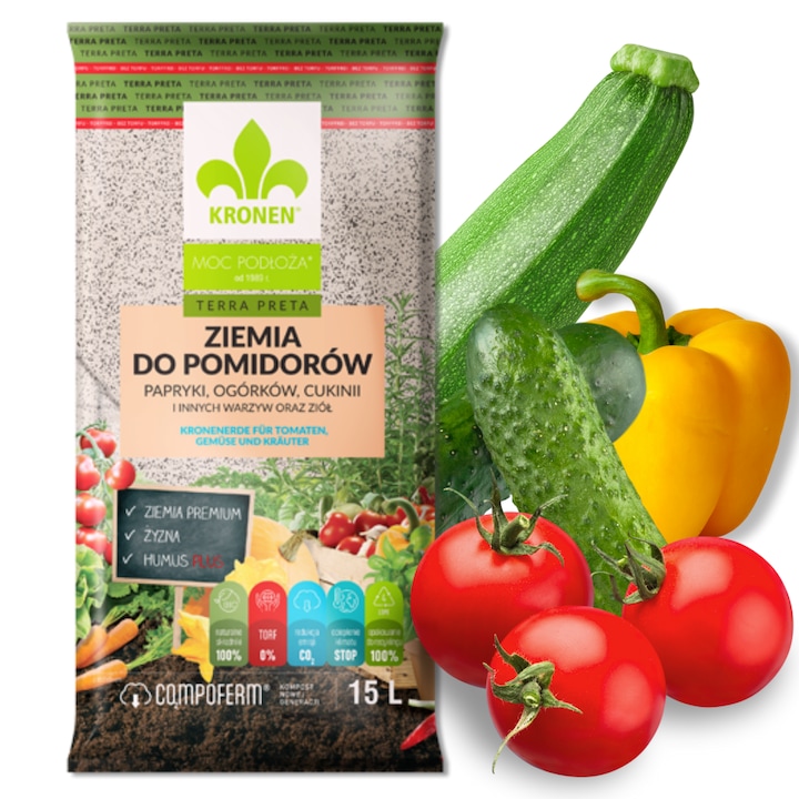 Pamant pentru rosii si legume, Kronen, Terra preta, Fara turba, Volum 15 l, Eco-compost bioactiv, Contine o doza initiala de ingrasamant, Potrivit pentru cultivarea de legume solanacee si cucurbitacee