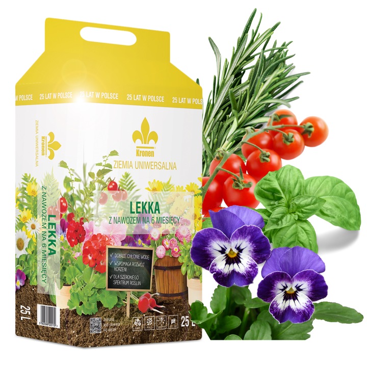 Sol universal cu ingrasamant, Kronen, 25 l, Pentru flori, legume, ierburi si plante perene, Substrat usor, Ingrasamant pe termen lung pentru 6 luni, Perlit, Taietor de radacini, Nutritie eficienta a plantelor