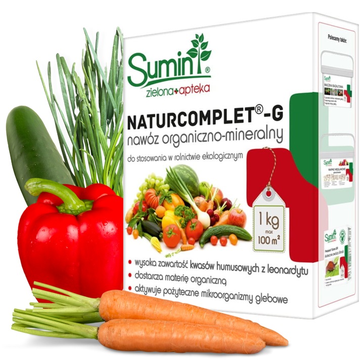 Ingrasamant mineral organic, Sumin, Naturcomplet-g, Pentru legume si fructe, 1 kg, Granule, Continut ridicat de acizi humici, Aprobat pentru agricultura ecologica