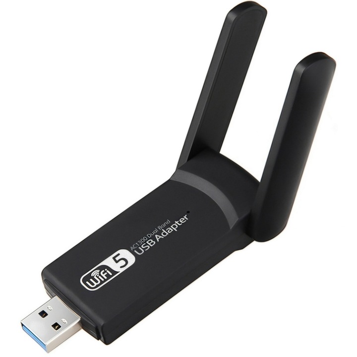 Двубандов безжичен адаптер, Wifi Ethernet, 2,4 Ghz - 5 Ghz, 1300 Mbps, USB 3.0, 2 антени, съвместим настолен компютър лаптоп, поддръжка на Windows 10/8.1/8/7/XP, MacOS, Linux, покритие 10 м, черен