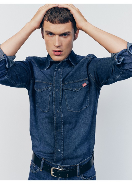 Camasa din denim cu buzunare pe piept, Albastru