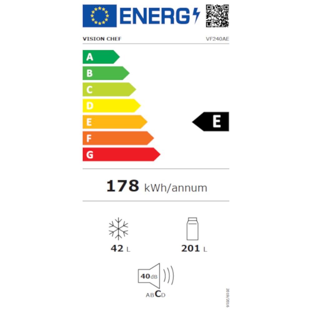 Frigider cu 2 usi Vision Chef VF240AE, 242 l, Less Frost, Iluminare LED, Termostat reglabil, Usi reversibile, Clasa E, Alb