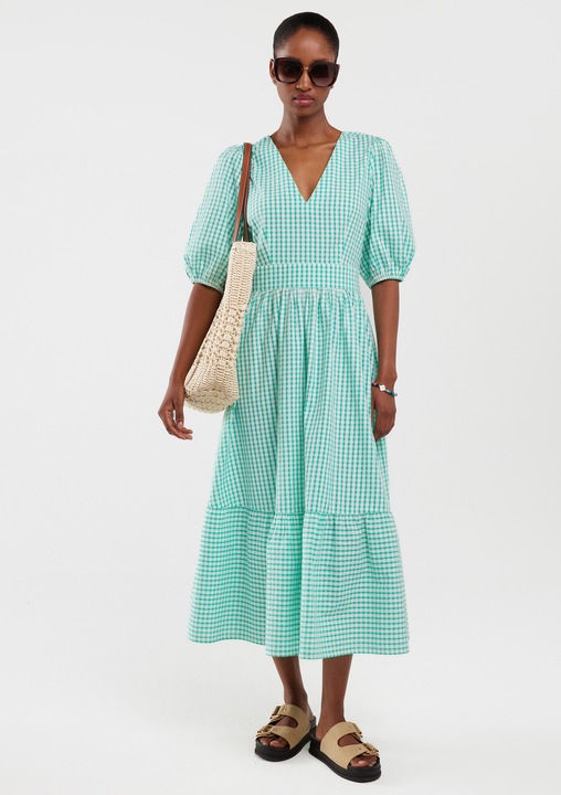 Rochie Big Star, model TIKO 302, bumbac cu carouri turcoaz si verde, decolteu adanc in V, maneci lungi cu elastic