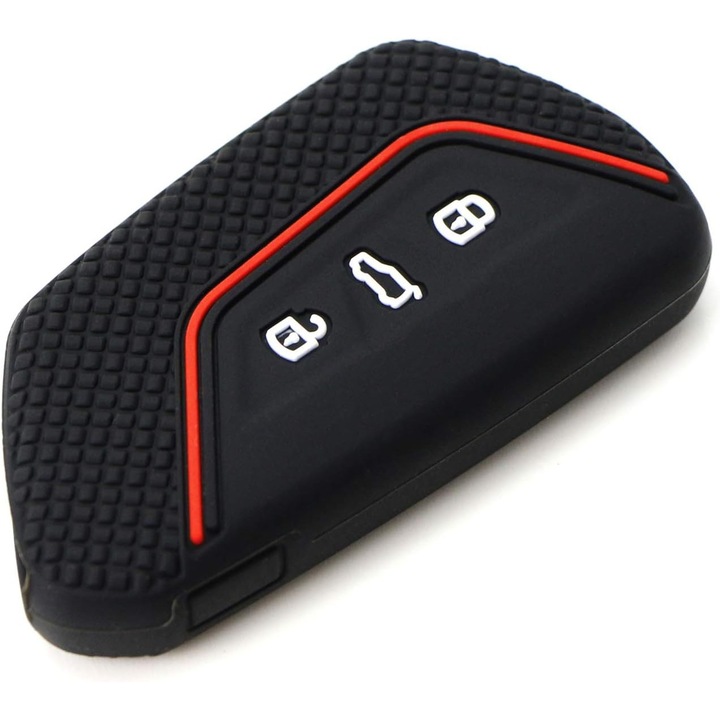 Husa Cheie Auto, Cu 3 Butoane, Pentru Volkswagen Golf VII, Seat Leon, Skoda Octavia V, Enuaq iV, Silicon, SA&SO General Store®, Negru/Rosu