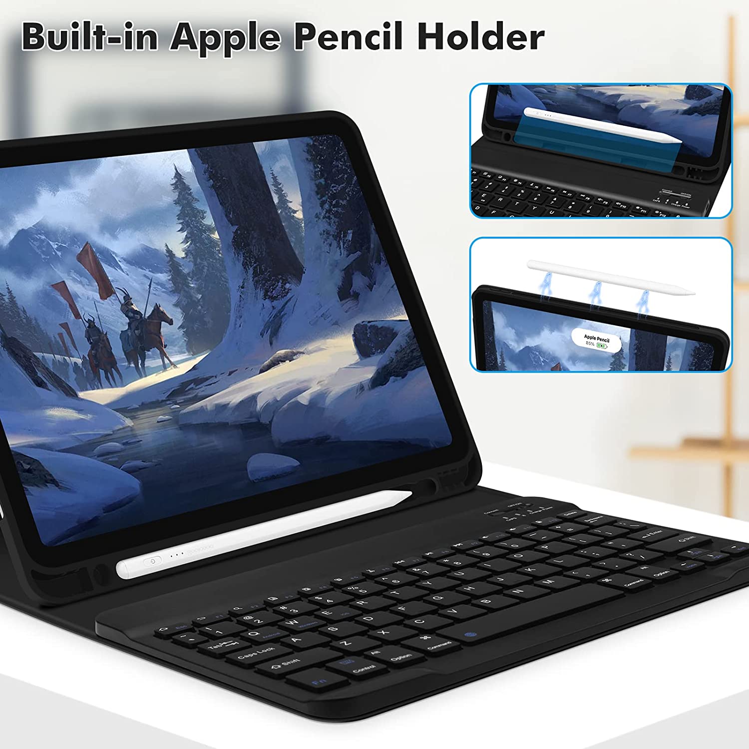 Husa pentru Apple iPad Air 11 2026 / 2025 / 2024 M4, M3, M2 cu tastatura iluminata wireless detasabila RGB 7 lights, Bluetooth, USB Type-C, functie stand, slot stylus si mouse wireless RGB iluminat LED negru