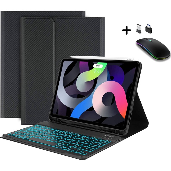Husa cu tastatura iluminata pentru iPad Air 13 2025 M3 + mouse wireless iluminat LED negru