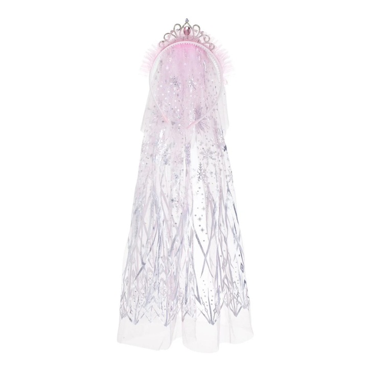 Coronita Par cu Tiara & Voal Roz Lung din Tul cu Fulgi din Folie Argintie