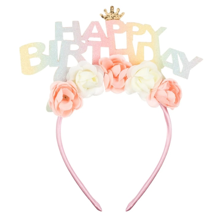 Coronita Par de Petrecere Tiara Roz Glitter Auriu Rainbow Trandafiri Pastel "Happy Birthday"