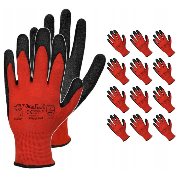 Manusi De Lucru, Artmas, Zapa, Pentru Barbati, Din Latex, Albe Cu Strat Albastru, 12 Perechi, De Protectie, Strat Texturat, Fara Cusaturi, Fara Cusaturi, Cu Manseta Elastica, Rosu, M