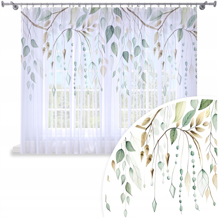 Perdele, Homeview, 300x150 cm, Pentru camera de zi si dormitor, Cu panglica, Lana, Decorativ, Montaj usor, Poliester, Alb cu imprimeu floral